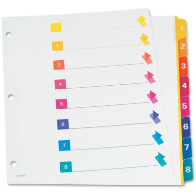 TOPS RapidX 5 & 8 Tab Super Colour Coded Dividers - 8 Printed Tab(s) - Digit - 1-8 - Letter - 8.50" (215.90 mm) Width x 11" (279.40 mm) Length - 3 Hole Punched - Multicolor Plastic Tab(s) - 10% Recycled - Laminated Tab, Reinforced, Rip Proof - 1 / Set ASST COLOURS   REINFORCED TABS 8 TABS