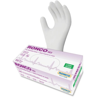 RONCO - VE2 gants d'examen en vinyle jetables, grand, 4 mil, transparent, boîte de 100 - épaisseur de gant 4 mil (0,10 mm) - Grande Taille - Pour Main droite / gauche - clair - Sans latex, Confortable, Résistants - Pour Soins, Alimentaire, Usage général, Cosmétolog SANS POUDRE GRAND 100X10 RONCO VE2 TRANSPARENT