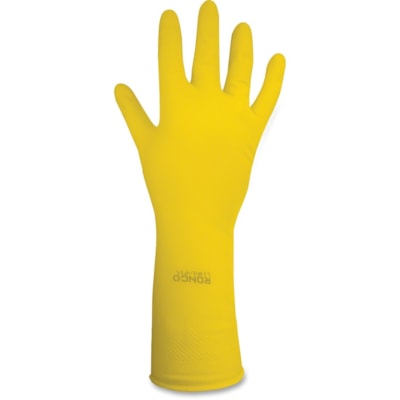 RONCO Flock Lined Light Duty Latex Gloves - 16 mil (0.41 mm) Thickness x 12" (304.80 mm) Glove Length - Large Size - Honeycomb Texture - Yellow - Reusable, Light Duty, Chemical Resistant, Absorbent, Solvent Resistant - For Office, Food, Beverage, Janitorial Use, Fishing, Cleaning, Pharmaceutical - 1 SIZE 9  16MIL 16 MIL YELLOW LATEX