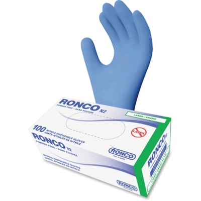 RONCO N2 Nitrile Gloves - 3.50 mil (0.09 mm) Thickness - Large Size - For Right/Left Hand - Blue - Comfortable, Chemical Resistant, Solvent Resistant, Flexible, Latex-free, Durable - For Food, Cosmetology, Beverage, General Purpose, Cleaning, Fishing, Inspection, Printing - 1000 / Case  