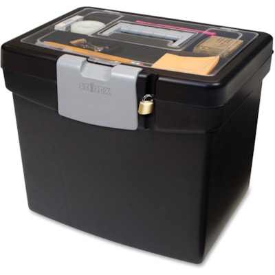 Storex Portable File Box with Top Organizer - Media Size Supported: Letter - Stackable - Plastic - Clear - For File, Folder - Recycled - 1 Each WITH ORGANIZER TOP - LETTER BLACK  50% POST CONSU. RECYCLD