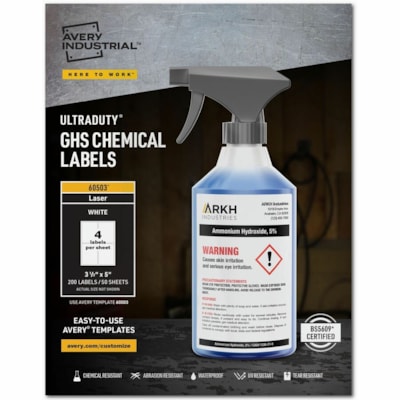 Avery® UltraDuty(tm) GHS Chemical Labels 3½" x 5" , for Laser Printers - 3 1/2" (88.90 mm) Width x 5" (127 mm) Length - Permanent Adhesive - Rectangle - Laser - White - Film - 4 / Sheet - 50 Total Sheets - Water Resistant - 200 / Box 200 LABEL  WHT  LSR  3 " X 5" CHEM ABRASION  UV  WATER PROOF