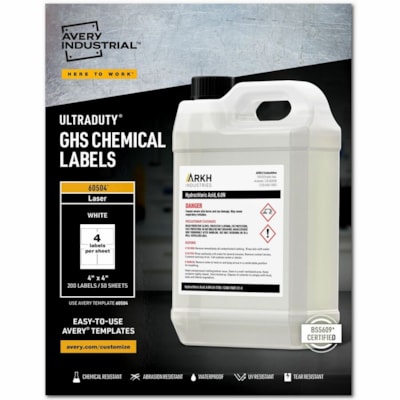 Avery® UltraDuty(tm) GHS Chemical Labels4" x 4" , Permanent Adhesive, for Laser Printers - 4" (101.60 mm) Width x 4" (101.60 mm) Length - Permanent Adhesive - Rectangle - Laser - White - Film - Water Resistant - 4 / Sheet - 50 Total Sheets - 200 Total Label(s) - 200 / Box 200 LABELS  WHT  LSR  4" X 4" CHEM ABRASION  UV  WATER PROOF