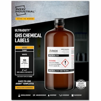 Avery® UltraDuty(tm) GHS Chemical Labels 2" x 4" , for Laser Printers - 2" (50.80 mm) Width x 4" (101.60 mm) Length - Permanent Adhesive - Rectangle - Laser - White - Film - Water Resistant - 10 / Sheet - 50 Total Sheets - 500 / Box 500 LABELS  WHT  LSR  2" X 4" CHEM ABRASION  UV  WATER PROOF