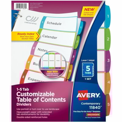 Avery® Ready Index® Customizable Table of Contents Dividersfor Laser and Inkjet Printers, 5 tabs, 1 set - 5 x Divider(s) - 5 Printed Tab(s) - Digit - 1-5 - 5 Tab(s)/Set - 8.50" (215.90 mm) Divider Width x 11" (279.40 mm) Divider Length - Letter - 8.50" (215.90 mm) Width x 11" (279.40 mm) Len 1-5 NUMBERED TABS  PAPER CONTEMPORARY MULTI COLOURS