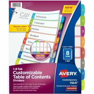 Avery® Ready Index® Customizable Table of Contents Dividersfor Laser and Inkjet Printers, 8 tabs, 1 set - 8 x Divider(s) - 8 Printed Tab(s) - Digit - 1-8 - 8 Tab(s)/Set - 8.50" (215.90 mm) Divider Width x 11" (279.40 mm) Divider Length - Letter - 8.50" (215.90 mm) Width x 11" (279.40 mm) Len 1-8 NUMBERED TABS  PAPER CONTEMPORARY MULTI COLOURS