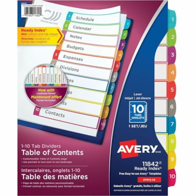 Avery® Ready Index® Customizable Table of Contents Dividersfor Laser and Inkjet Printers, 10 tabs, 1 set - 10 x Divider(s) - 1-10 - 10 Tab(s)/Set - 8.50" (215.90 mm) Divider Width x 11" (279.40 mm) Divider Length - 3 Hole Punched - White Paper Divider - Multicolor Paper Tab(s) - 20% Recycled 1-10 NUMBERED TABS  PAPER CONTEMPORARY MULTI COLOURS