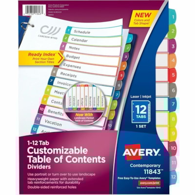 Avery® Ready Index® Customizable Table of Contents Dividersfor Laser and Inkjet Printers, 12 tabs, 1 set - 12 x Divider(s) - 12 Printed Tab(s) - Digit - 1-12 - 12 Tab(s)/Set - 8.50" (215.90 mm) Divider Width x 11" (279.40 mm) Divider Length - Letter - 8.50" (215.90 mm) Width x 11" (279.40 mm 1-12 NUMBERED TABS  PAPER CONTEMPORARY MULTI COLOURS