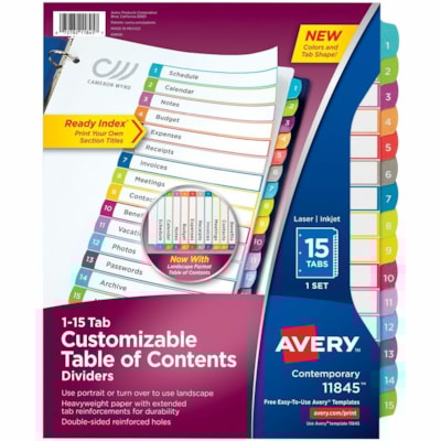 Avery® Ready Index® Customizable Table of Contents Dividersfor Laser and Inkjet Printers, 15 tabs, 1 set - 15 x Divider(s) - 15 Printed Tab(s) - Digit - 1-15 - 15 Tab(s)/Set - 8.50" (215.90 mm) Divider Width x 11" (279.40 mm) Divider Length - Letter - 8.50" (215.90 mm) Width x 11" (279.40 mm 1-15 NUMBERED TABS  PAPER CONTEMPORARY MULTI COLOURS