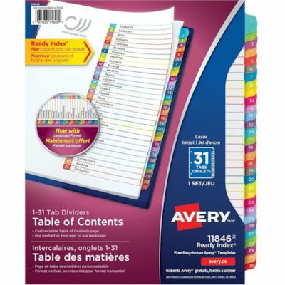 Avery® - Intercalaires de table des matières personnalisables Ready Index - 31 x Intercalaire(s) - 1-31 - 31 Onglet(s)/Ensemble - largeur de l'intercalaire 8,50 po (215,90 mm) x longueur de l'intercalaire 11 po (279,40 mm) - 3 TrouPerforé - Divider Blanc Papier - Tab(s) Multicouleu ONGLETS NUMÉROTÉS 1-31  TABLE DES MATIÈRES  MULTICOLORES