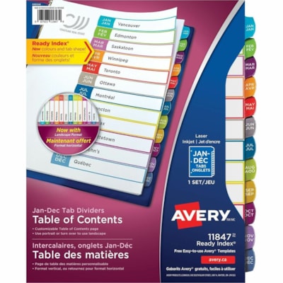 Avery® - INDEX JAN-DEC COUL. LETTRE BIL. - 12 x Intercalaire(s) - Jan-Dec - 12 Onglet(s)/Ensemble - largeur de l'intercalaire 8,50 po (215,90 mm) x longueur de l'intercalaire 11 po (279,40 mm) - 3 TrouPerforé - Divider Blanc Papier - Tab(s) Multicouleur Papier - 20% Recyclé - 12 /  ONGLETS JANV.-DÉC.  TABLE DES MATIÈRES  MULTICOLORES