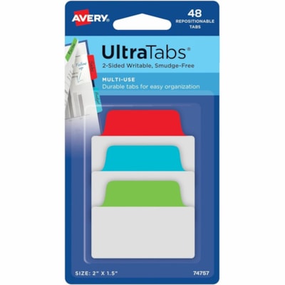 Avery® - Intercalaire 74757 - 48 Onglet(s) - hauteur de l'onglet 1,50 po (38,10 mm) x largeur de l'onglet 2 po (50,80 mm) - Tab Rouge Film, clair Papier, Bleu, Vert - 48 / emballage VERT  BLEU  ROUGE COULEURS PRIM. - EMB. DE 48