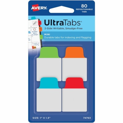 Avery® - Onglet dossier 74763 - 80 Onglet(s) - hauteur de l'onglet 1,50 po (38,10 mm) x largeur de l'onglet 1 po (25,40 mm) - Tab Rouge Film, clair Papier, Bleu, Orange, Vert - 80 / emballage ROUGE  BLEU  VERT  ORANGE COULEURS PRIM. - EMB. DE 80