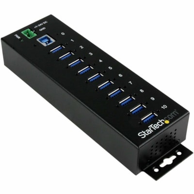 StarTech.com 10 Port Industrial USB 3.0 Hub - ESD and Surge Protection - DIN Rail or Surface-Mountable Metal Housing - Add ten USB 3.0 (5Gbps) ports with this DIN rail or surface-mountable metal hub - 15kV ESD & 350W Surge Protection - DIN Rail / Wall-Mountable USB Hub - Rugged Housing - 10 port Sup with this DIN rail or surface- mountable metal hub