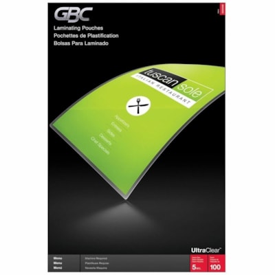 GBC UltraClear Thermal Laminating Pouches 5Mil Menu Size 11.5" x 17.5" - Sheet Size Supported: Menu - Laminating Pouch/Sheet Size: 11.50" (292.10 mm) Width x 17.50" (444.50 mm) Length x 5 mil (0.13 mm) Thickness - High Gloss - for Document - Rounded Corner - Ultra Clear - 100 / Box MENU 11 1/2" X 17 1/2" 100/PK 