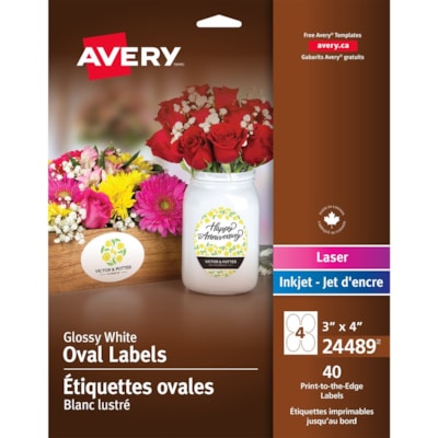 Avery® Glossy White Oval Labels3" x 4" , Permanent Adhesive, for Laser and Inkjet Printers - 4" (101.60 mm) Width x 3" (76.20 mm) Length - Oval - Inkjet, Laser - Glossy - White - Print-to-the Edge, Easy Peel, Adhesive, Customizable - 4 / Sheet - 40 / Pack 3" X 4" 40 LABELS  GLOSSY WHITE  INK J
