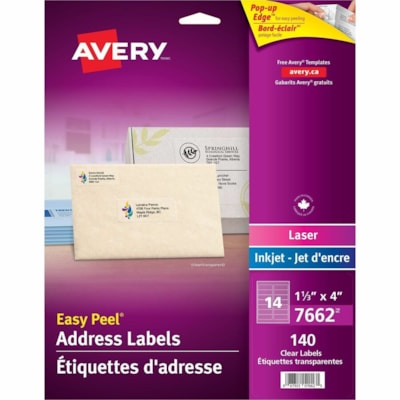 Avery® Rectangle Clear Labels with Easy Peel® 1-1/3" x 4" for Laser/Inkjet Printers - 4" (101.60 mm) Width x 1 21/64" (33.78 mm) Length - Rectangle - Laser, Inkjet - Glossy - Clear - 14 / Sheet - Easy Peel, Customizable - 140 / Pack EASY PEEL CLEAR GLOSSY 10 SHEETS  140 LABELS