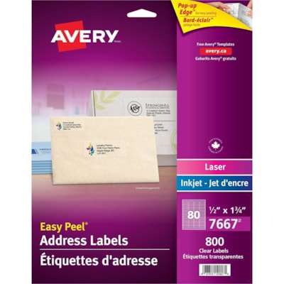 Avery® Rectangle Clear Labels with Easy Peel®1" x 2-5/8" , for Laser/Inkjet Printers - 1 3/4" (44.45 mm) Width x 1/2" (12.70 mm) Length - Rectangle - Laser, Inkjet - Glossy - Clear - 80 / Sheet - 10 Total Sheets - 800 Total Label(s) - Easy Peel, Customizable - 800 / Pack EASY PEEL 1 " X  " CLEAR  10 SHEETS  800 LABELS