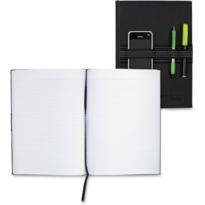 Cambridge Tech Medium Business Notebook - 60 Pages - Case Bound - Ruled Front Ruling - 8.75" (222.25 mm) Height x 7.69" (195.26 mm) Width - White Paper - Black Cover - Hard Cover, Stiff-back, Sturdy, Pen Holder, Ribbon Marker, Wear Resistant, Tear Resistant, Durable Cover, Bungee - 1 Each BUSINESS NOTEBOOK HOLDS CELL PHONE