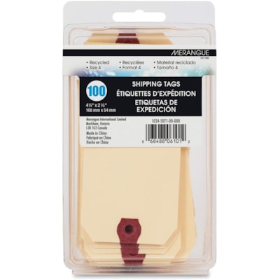 Merangue Shipping Tag - #4 - 4.50" (114.30 mm) Length x 2.13" (53.98 mm) Width - Rectangular - Manila - 100 / Pack RECYCLED SIZE 4
