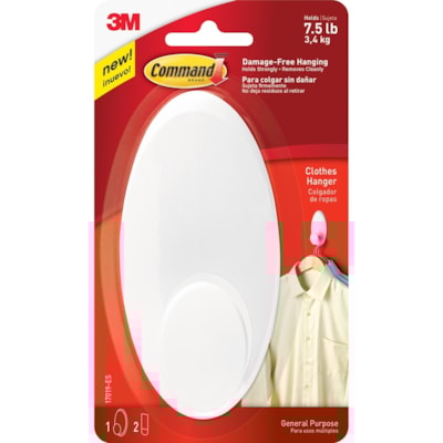 Command Clothes Hanger - 7.50 lb (3401.94 g) Capacity - for Clothes, Coat - Plastic - White - 1 Each CLOTHES HANGER 
