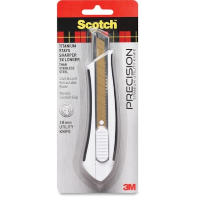 Scotch Precision Titanium 18mm Utility Knife - 0.31" (8 mm) Cutting Length - 0.71" (18 mm) Length - Snap-off, Durable, Long Lasting, Accurate Cutting/Trimming, Non-slip Grip, Handle, Retractable, Locking Blade, Self-sharpening - Titanium, Silver, Black, White - 1 Each 18MM (LARGE) 