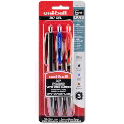 uniball(tm) 307 Skip-Free Retractable Pen - 0.7 mm (0.03") Medium Pen Point - Retractable - Assorted Ink - Gel-based - Black Barrel - 3 / Pack  