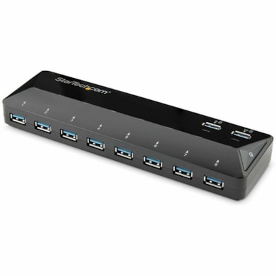 StarTech.com 10-Port USB 3.0 Hub with Charge and Sync Ports - 2 x 1.5A Ports - Desktop USB Hub and Fast-Charging Station - Add ten USB 3.0 (5Gbps) ports including two charging downstream ports to your computer - 10-Port USB 3.0 hub w/ 2 x 1.5A charge & sync ports - Desktop USB hub & charging station  PERP 