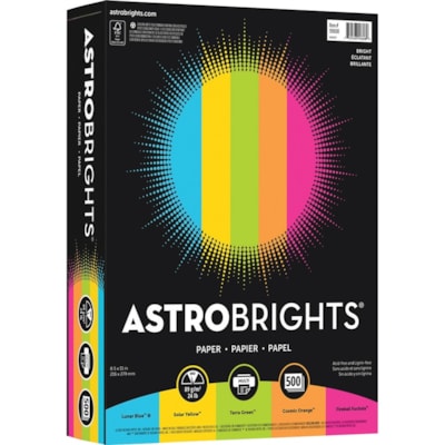 Astrobrights - Papier de couleur - Assortiment de 5 couleurs ' Bright » - format lettre - 8 1/2 po (215,90 mm) x 11 po (279,40 mm) - 24 lb (10886,22 g) Poids de Base - Lisse - Bleu lunaire, Vert terra, Orange cosmique, jaune solaire, Fucshia - 500 / Ramette FSC LASER JET D'ENCRE GARANTIE COULEURS ASSORTIES 500/PK