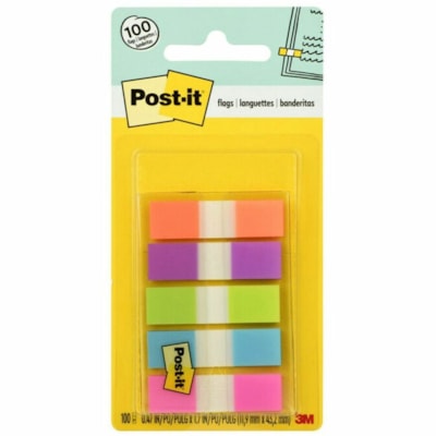 Post-it® - Languettes dans un distributeur de poche - Couleurs vives - largeur de drapeau/note 1/2 po (12,70 mm) x longueur de drapeau/note 1 3/4 po (44,45 mm) - Orange, Pourpre, Vert, Bleu, Rose - Amovible - 100 / emballage  