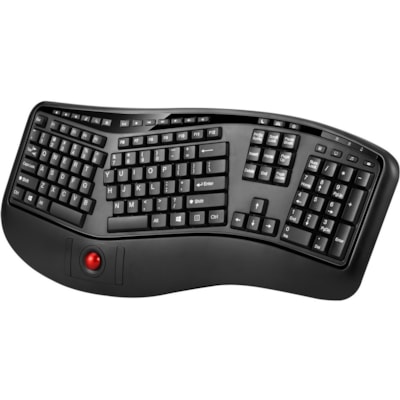 Adesso 2.4 GHz Wireless Ergonomic Trackball Keyboard - Wireless Connectivity - RF - 30 ft (9144 mm) - 2.40 GHz - USB Interface - 105 Key(s) - Next Track, Previous Track, Refresh, Search, Forward, Wake-up, Play/Pause, Volume Up, My Computer, Mute, Sleep, ... Hot Key(s) - English (US) - QWERTY Layout  s Media Ergonomic Trackball ke yboard with 20 windo