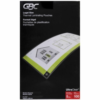 GBC UltraClear Laminating Pouch - Sheet Size Supported: Legal - Laminating Pouch/Sheet Size: 9" (228.60 mm) Width x 14.50" (368.30 mm) Length x 5 mil (0.13 mm) Thickness - for Document - Ultra Clear - 100 / Pack LEGAL 9" X 14 1/2" 100/PK 