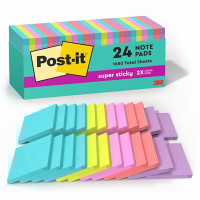 Post-it® Super Sticky Notes - Supernova Neons Color Collection - 1680 x Multicolor - 3" (76.20 mm) Flag/Note Width x 3" (76.20 mm) Flag/Note Length - Rectangle - 70 Sheets per Pad - Aqua Splash, Tropical Pink, Acid Lime, Guava, Iris Infusion - Paper - Self-adhesive, Recyclable - 24 / Pack 3X3 CABINET PACK 24 PADS SUPERNOVA NEONS COLORS