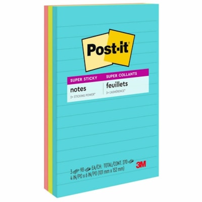 Post-it® - Feuillets super collants - Collection Éclat de lumière - largeur de drapeau/note 4 po (101,60 mm) x longueur de drapeau/note 6 po (152,40 mm) - Rectangulaires - 90 Feuilles par bloc - Avec ligne - Papier - Autocollant, Recyclable - 3 / emballage  LINED  4X6  3PACK 