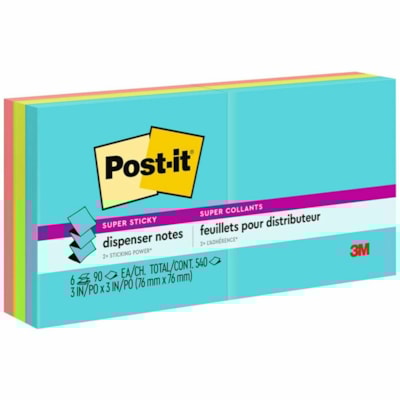 Post-it® - Feuillets Super Sticky - collection Miami - largeur de drapeau/note 3 po (76,20 mm) x longueur de drapeau/note 3 po (76,20 mm) - Rectangulaires - 90 Feuilles par bloc - Papier - Autocollant, Amovible, Recyclable - 6 / emballage 3"X3"  6PACK 