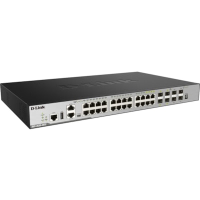 D-Link 28-Port Layer 3 Stackable Managed Gigabit Switch including 4 10GbE Ports - 24 Ports - Manageable - Gigabit Ethernet, 10 Gigabit Ethernet - 10/100/1000Base-TX, 10GBase-SR, 10GBase-LR, 1000Base-LX, 1000Base-SX, 10GBase-LRM - 3 Layer Supported - Modular - 4 SFP Slots - Optical Fiber, Twisted Pai H 4 COMBO 4 SFP+ 