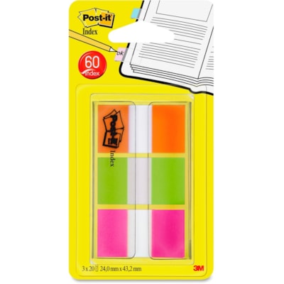 Post-it® - Languettes orange, lime, rose, 0,94 po de large, 60 unités/distributeur portable, 1 distributeur/paquet - largeur de drapeau/note 15/16 po (23,88 mm) - Standard - Orange, Lime, Rose - Inscriptible, Amovible, Sans résidus - Distribluteur inclus - 60 / emballage ON THE GO DISPENSER 