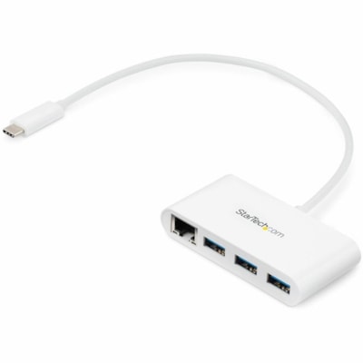 StarTech.com 3 Port USB C Hub with Gigabit Ethernet - USB-C to 3x USB-A - USB 3.0 - White - USB Hub with GbE - USB-C to USB Adapter - USB Type C Hub - Turn a USB C port on your laptop into 3x USB A ports (5Gbps) and 1x GbE port - USB-C to USB Adapter - White - USB Hub w/ Gigabit Ehternet - USB 3 Hub op into 3x USB A ports (5Gbps)  and 1x GbE port - U