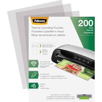 Fellowes Letter-Size Thermal Laminating Pouches - Sheet Size Supported: Letter 8.50" (215.90 mm) Width x 11" (279.40 mm) Length - Laminating Pouch/Sheet Size: 9" (228.60 mm) Width x 5 mil (0.13 mm) Thickness - Glossy - for Document - Durable, Photo-safe, Erasable, Water Proof - Clear - 200 / Pack uches - Letter  5 mil  200 pac k