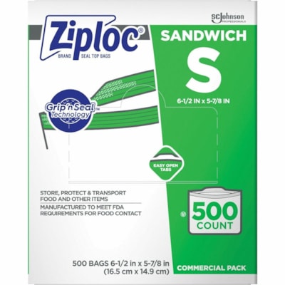 Ziploc® Seal Top Sandwich Bags - 6" (152.40 mm) Width x 5.88" (149.23 mm) Length x 1.20 mil (30 Micron) Thickness - Zipper Closure - Clear - Sandwich, Food - 500 / Carton 6.5" X 6 PACK OF 500