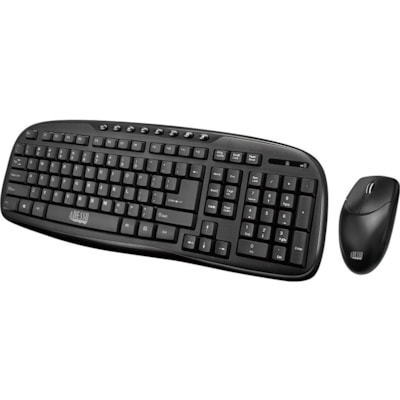 Adesso WKB-1330CB 2.4 GHz Wireless Desktop Keyboard and Mouse Combo - USB Membrane Wireless RF 2.40 GHz Keyboard - 103 Key - English (US) - Black - USB Wireless RF Mouse - Optical - 1200 dpi - Scroll Wheel - QWERTY - Black - Internet Key, Play/Pause, Previous Track, Next Track, Volume Down, Volume U ize with full desktop function ality.  Multimedia a