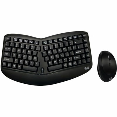 Adesso Tru-Form Wireless Ergo Mini Keyboard & Mouse - USB Membrane Wireless RF Keyboard - 87 Key - English (US) - Black - USB Wireless RF Mouse - Optical - 1600 dpi - Scroll Wheel - QWERTY - Black - Play/Pause, Stop, Forward, Volume Up, Volume Down, Mute, Skip Backward Hot Key(s) - Right-handed - AA  