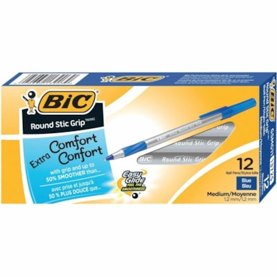 BIC Round Stic Grip Extra Comfort Blue Ballpoint Pens, Medium Point (1.2mm), 12-Count Pack, Excellent Writing Pens With Soft Grip for Superb Comfort and Control - 1.2 mm (0.05") Medium Pen Point - Blue Ink - 12 Pack ROUND STIC DISPOSABLE 