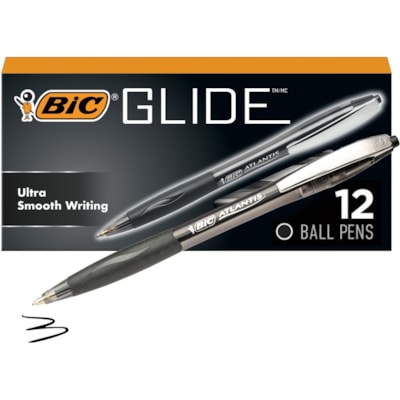 BIC Glide Black Retractable Ballpoint Pens, Medium Point (1.0mm), 12-Count Pack, Ultra Smooth Writing Black Pens - 1 mm (0.04") Medium Pen Point - Retractable - Black Ink - 12 / Box NO CLICK  -  MEDIUM POINT 