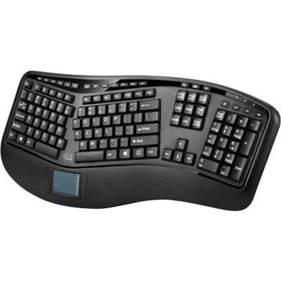 Adesso 2.4GHz Wireless Ergonomic Touchpad Keyboard - Wireless Connectivity - RF - 30 ft (9144 mm) - 2.40 GHz - USB Interface - 105 Key(s) - 20 Hot Key(s) - Previous Track, Next Track, Play/Pause, Volume Up, Volume Down, Mute, Forward, Search, Wake-up, My Computer, Sleep, ... Hot Key(s) - Windows 10, m Media 3D  Ergonomic  Touchpa d Keyboard  with  sp