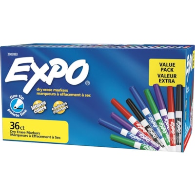 Marqueur effaçable à sec Expo - Fin Pointe de marqueur - 36 / emballage À POINTE FINE ET FAIBLE ODEUR COULEURS VARIÉES  BTE DE 36