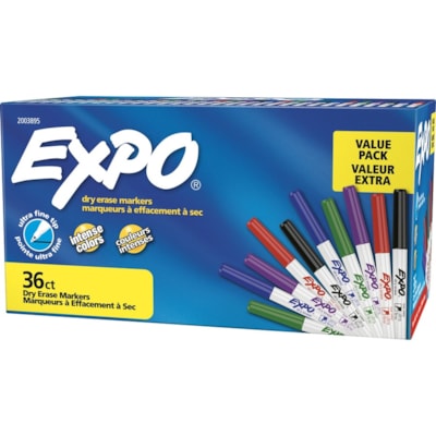 Expo Low-Odor Dry-erase Markers - Ultra Fine Chisel Marker Point - Green, Blue, Black, Red, Purple Ink - Alcohol Based - 36 / Pack ULTRA FINE TIP  LOW ODOUR ASSORT COLOURS  36PK