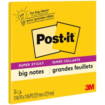 Post-it® - Feuillet adhésif Super Sticky - largeur de drapeau/note 10 63/64 po (279 mm) x longueur de drapeau/note 10 63/64 po (279 mm) - Carré - 30 Feuilles par bloc - Jaune canari - 1 chaque SUPER COLLANT  JAUNE ÉCLATANT 