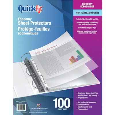 QuickFit - SHT PROT N-GLR LTR TOP-L 2mil - Pour format lettre 8 1/2 po (215,90 mm) x 11 po (279,40 mm) Feuilles - 3 xsTrous - clair - Polypropylène - 100 / boîte ECONOMY 2MIL NON GLARE 100/BOX NON GLARE  LETTER SIZE