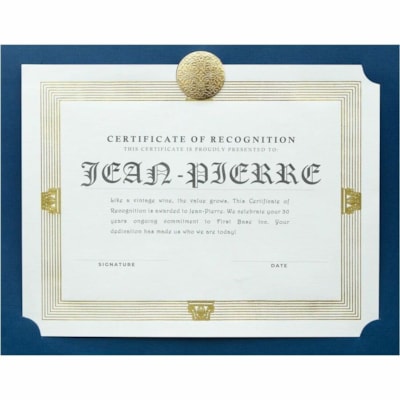 St. James® Flat Presentation Card Certificate Holder - Support 8.50" (215.90 mm) x 11" (279.40 mm) Media - 12.50" (317.50 mm) Height x 9.75" (247.65 mm) Width - Linen - Navy, Gold - Lignin-free, Acid-free - 25 / Pack  ST JAMES MEDALLION 25PK 30%PCW  FSC